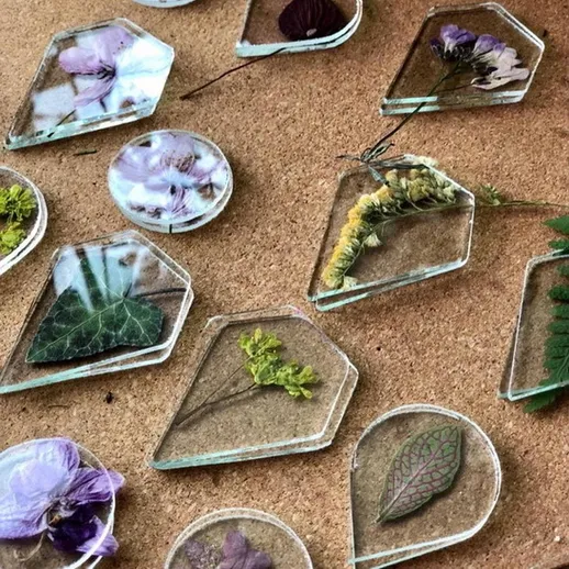Разнообразие заготовок для изделий из смолы с засушенными цветами и листьями в стекле