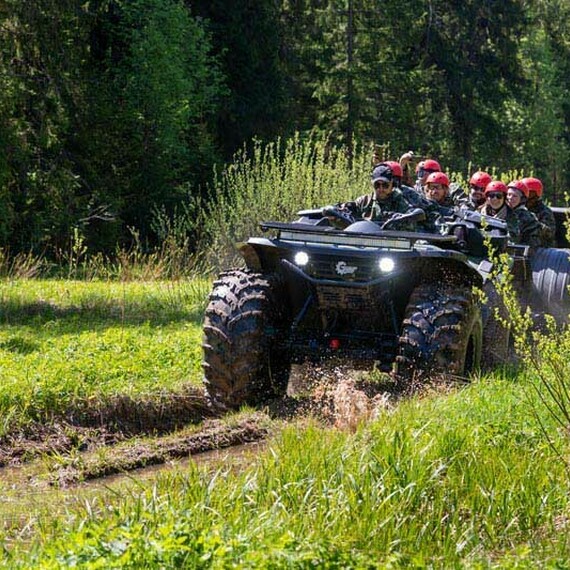 Команда на квадроциклах преодолевает лесную тропу в солнечный день Команда на квадроциклах преодолевает лесную тропу в солнечный день