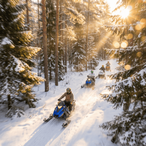 Зимняя прогулка на снегоходах по лесу в солнечный день