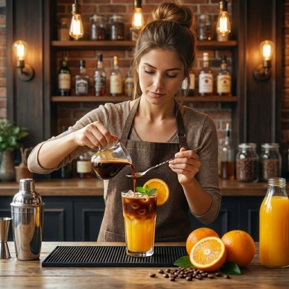 Бартендер готовит коктейль с кофе и апельсином в уютном баре. Главное фото