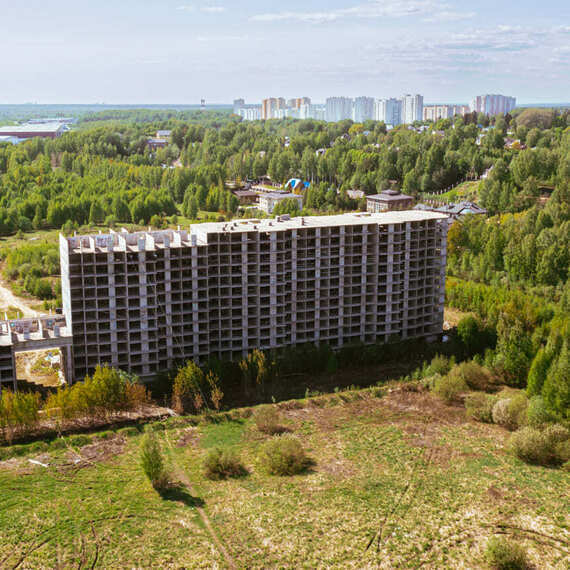 Заброшенное здание в лесу на фоне современного города, окруженное зелеными деревьями под ясным небом. Фото 17