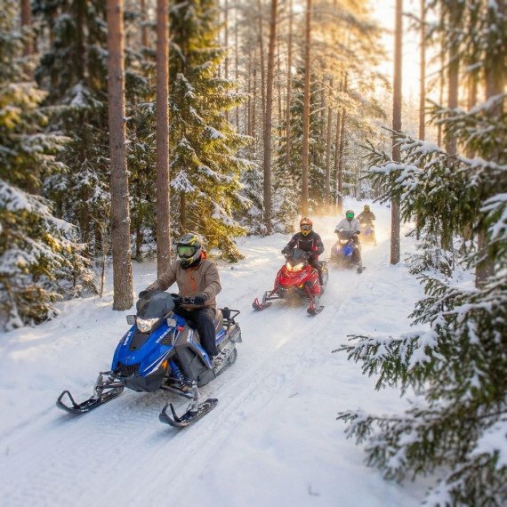 Зимнее катание на снегоходах в лесу в солнечный день Зимнее катание на снегоходах в лесу в солнечный день