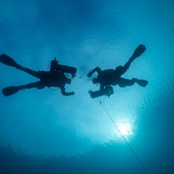 Подводные дайверы исследуют морское дно в ясный солнечный день