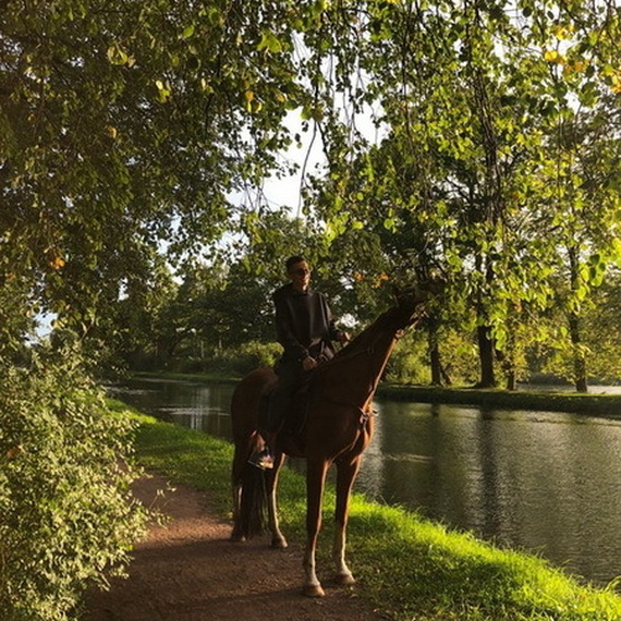 Прогулка на лошади вдоль живописного парка у озера в солнечный день