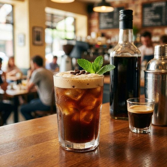 Кофейный напиток в кафе с клиентами и барной стойкой