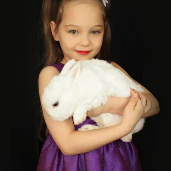 Девочка в фиолетовом платье держит белого кролика на черном фоне на фотосессии Девочка в фиолетовом платье держит белого кролика на черном фоне на фотосессии