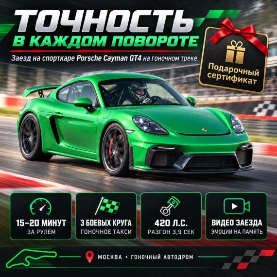 Заезд на спорткаре Porsche Cayman GT4 на гоночном треке. Инфографика 1