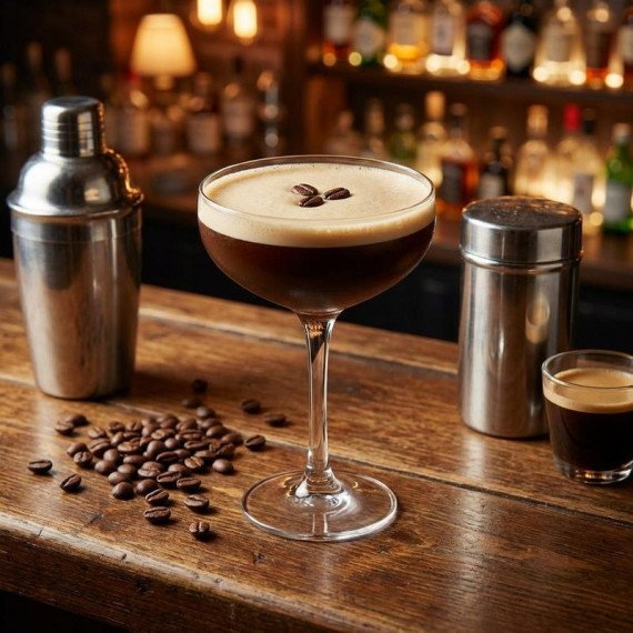 Коктейль из кофе на барной стойке в вечернее время