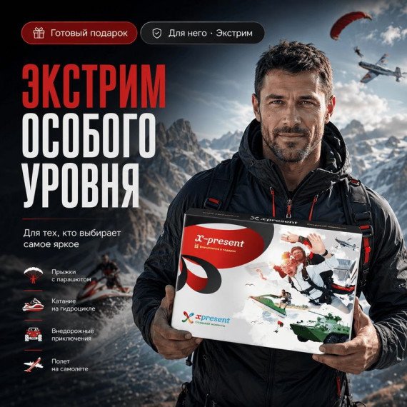 Подарочная упаковка с разнообразными активными впечатлениями для особых случаев. Главное фото