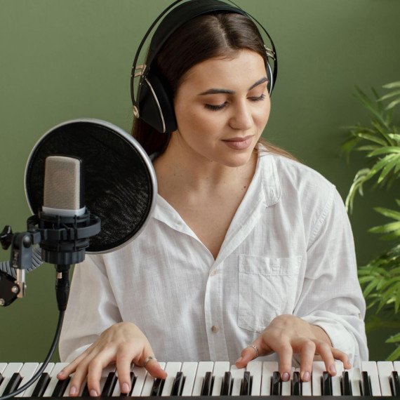 Женщина играет на пианино и поет в студии с растениями Женщина играет на пианино и поет в студии с растениями
