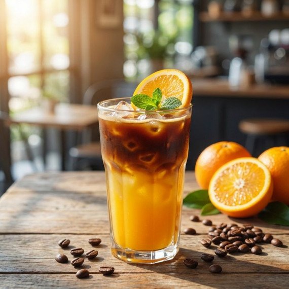 Напиток с кофе и апельсином на деревянном столе в кафе в солнечный день