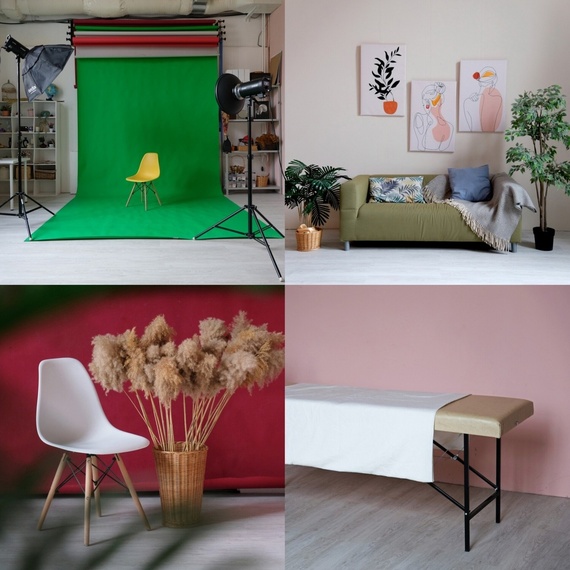 Студия для фотосессий с зелёным фоном и различными предметами интерьера в городе