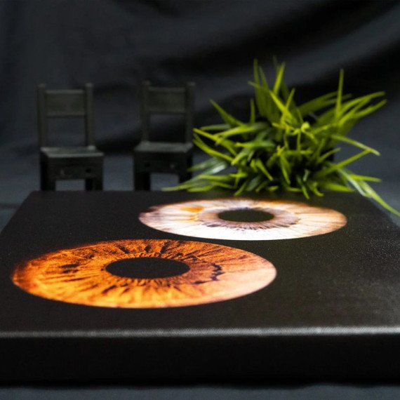 Картина с изображением глаз на черном фоне и два стульчика рядом с ней Картина с изображением глаз на черном фоне и два стульчика рядом с ней