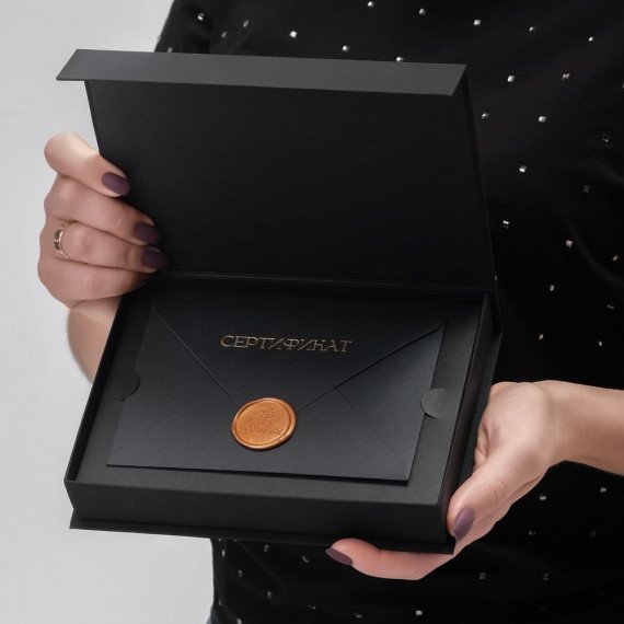 Кто-то держит черный сертификат с золотой печатью в руках