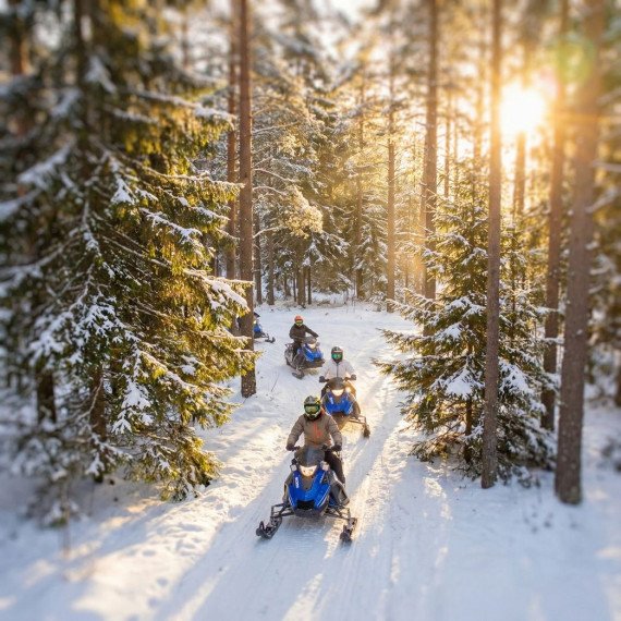 Зимняя прогулка на снегоходах в лесу с солнечным светом и красивыми пейзажами Зимняя прогулка на снегоходах в лесу с солнечным светом и красивыми пейзажами