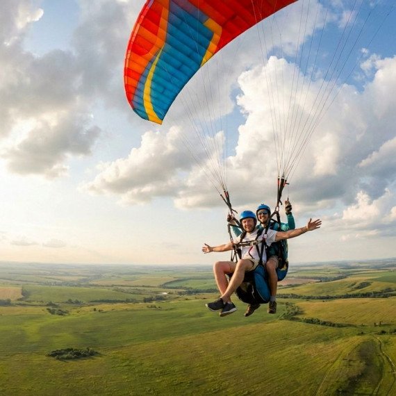 Парапланеры летают над зелеными холмами днем на открытом воздухе. Главное фото