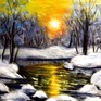 Зимний вечер в лесу у реки под ярким закатом, отражающемся в воде среди снежных деревьев - превью 1